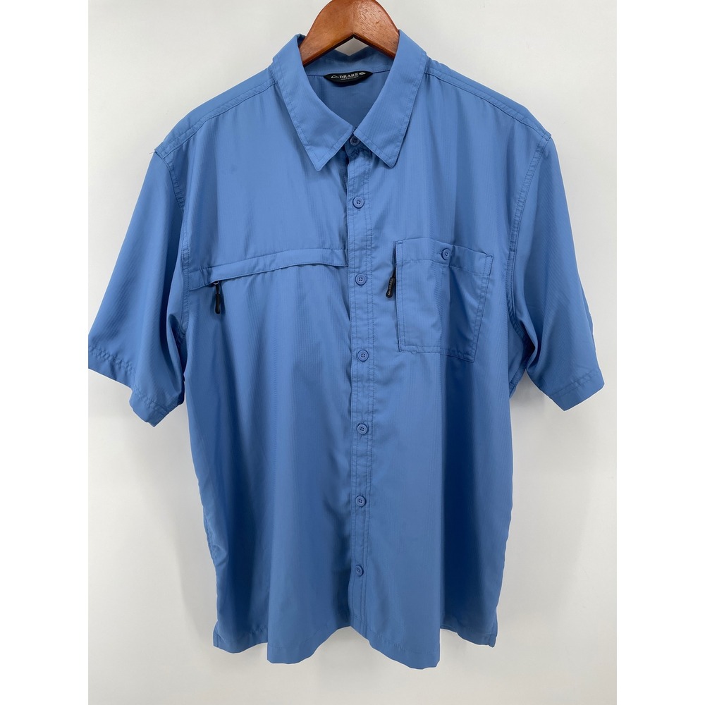 Drake Waterfowl Fishing Shirt Mens Large Blue Short Sleeve Vented Performance